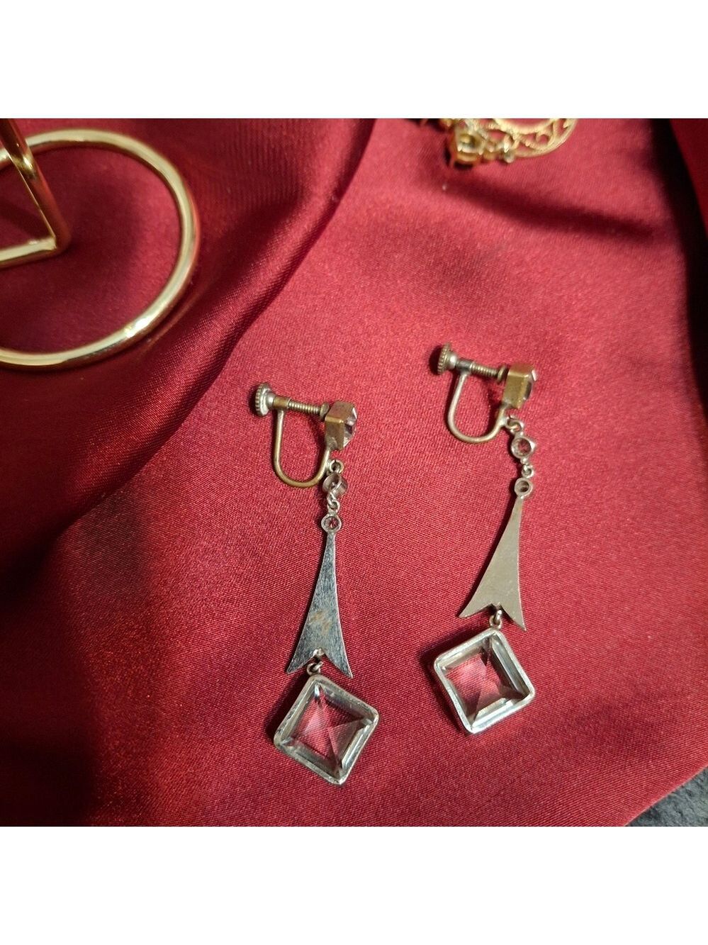 Art Deco Faceted Czech Glass Silver Drop Screwback Earrings Vintage - Picture 6 of 13